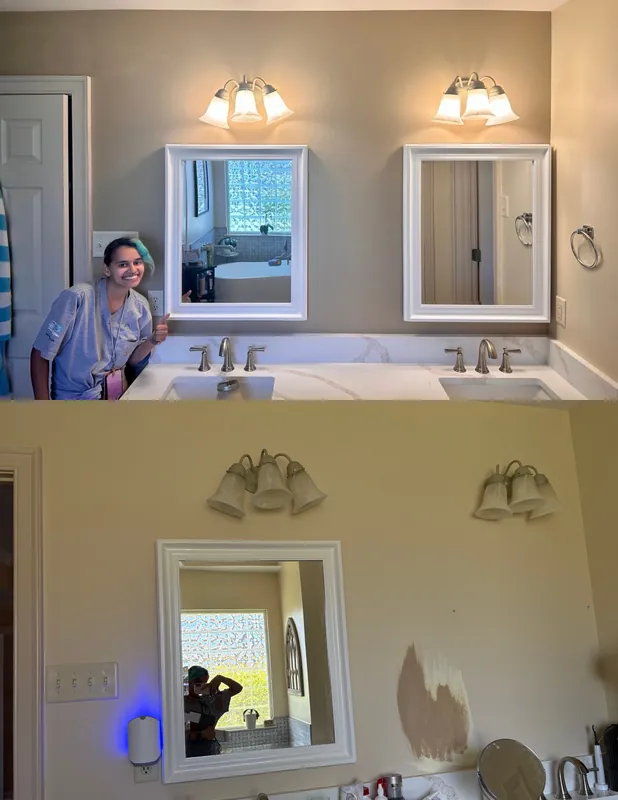 Before and after photo: DeLaine’s Bathroom Walls — Interior Painting project in Central Arkansas by Beams & Dreams Painting