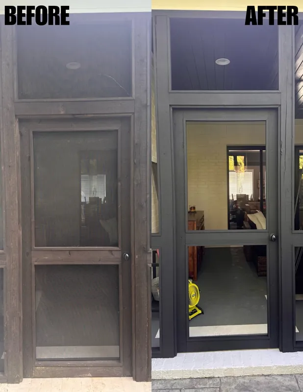 Before and after photo: Engel Porch Doors — Door Refinishing project in Central Arkansas by Beams & Dreams Painting