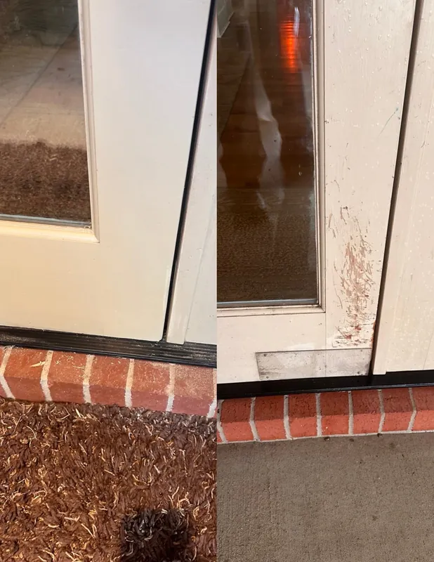 Before and after photo: Gillispie Back Doors — Door Refinishing project in Central Arkansas by Beams & Dreams Painting