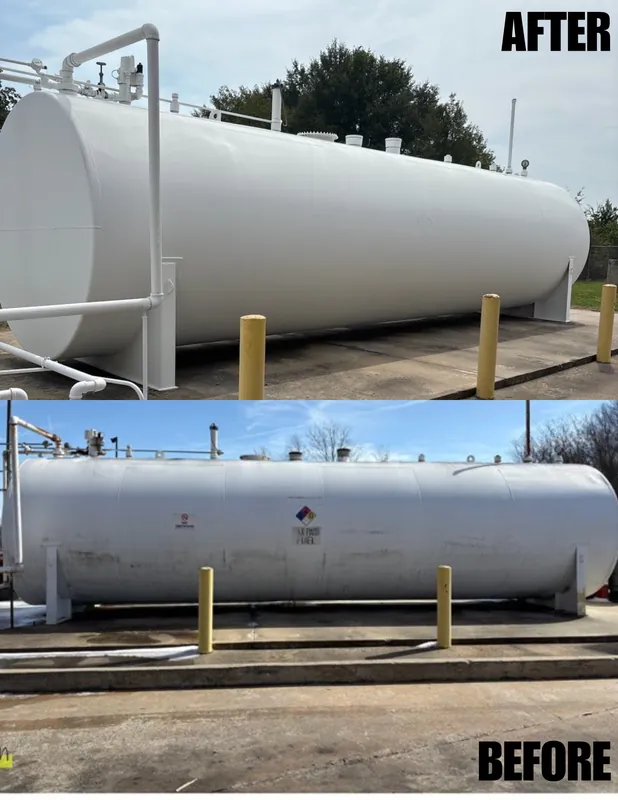 Before and after photo: Murphy Fuel-Tank Repaint — Commercial Industrial Repaint project in Central Arkansas by Beams & Dreams Painting