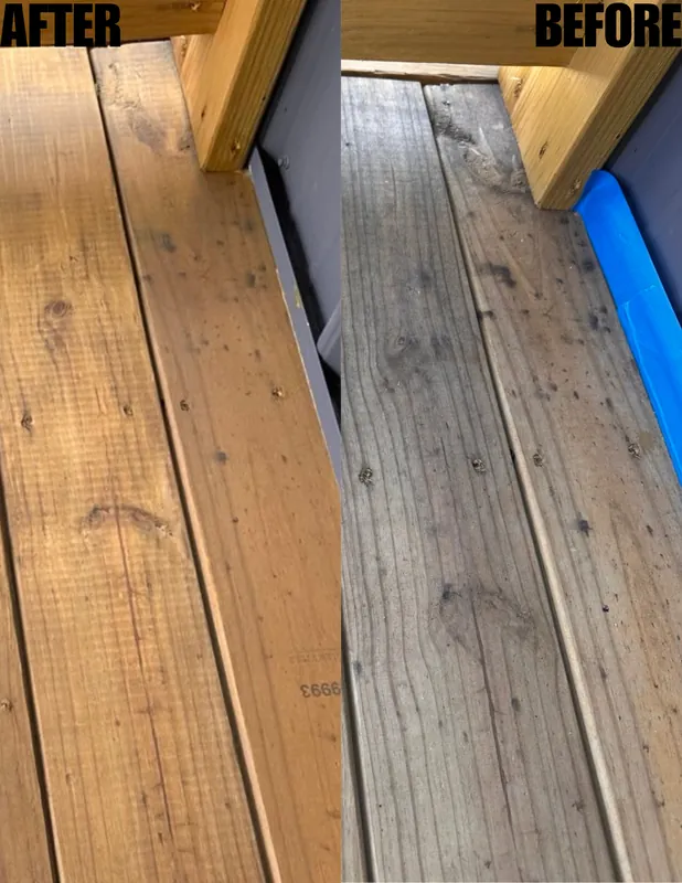 Before and after photo: Saint Joe Deck — Boards — Deck Staining project in Saint Joe, AR by Beams & Dreams Painting