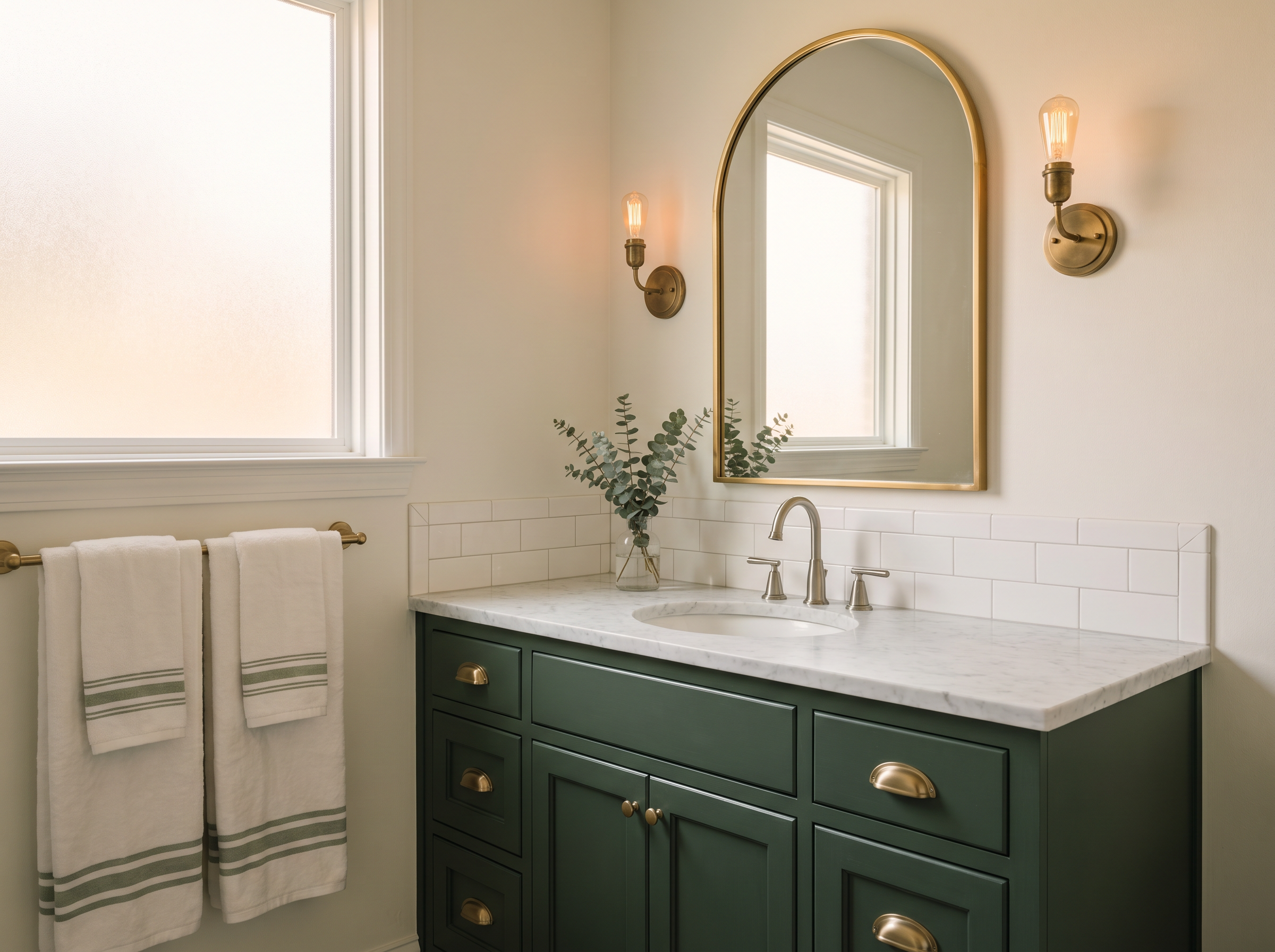 Refinished ivory bathroom vanity in a Maumelle home — example of a cabinet project priced through the Beams & Dreams online estimator