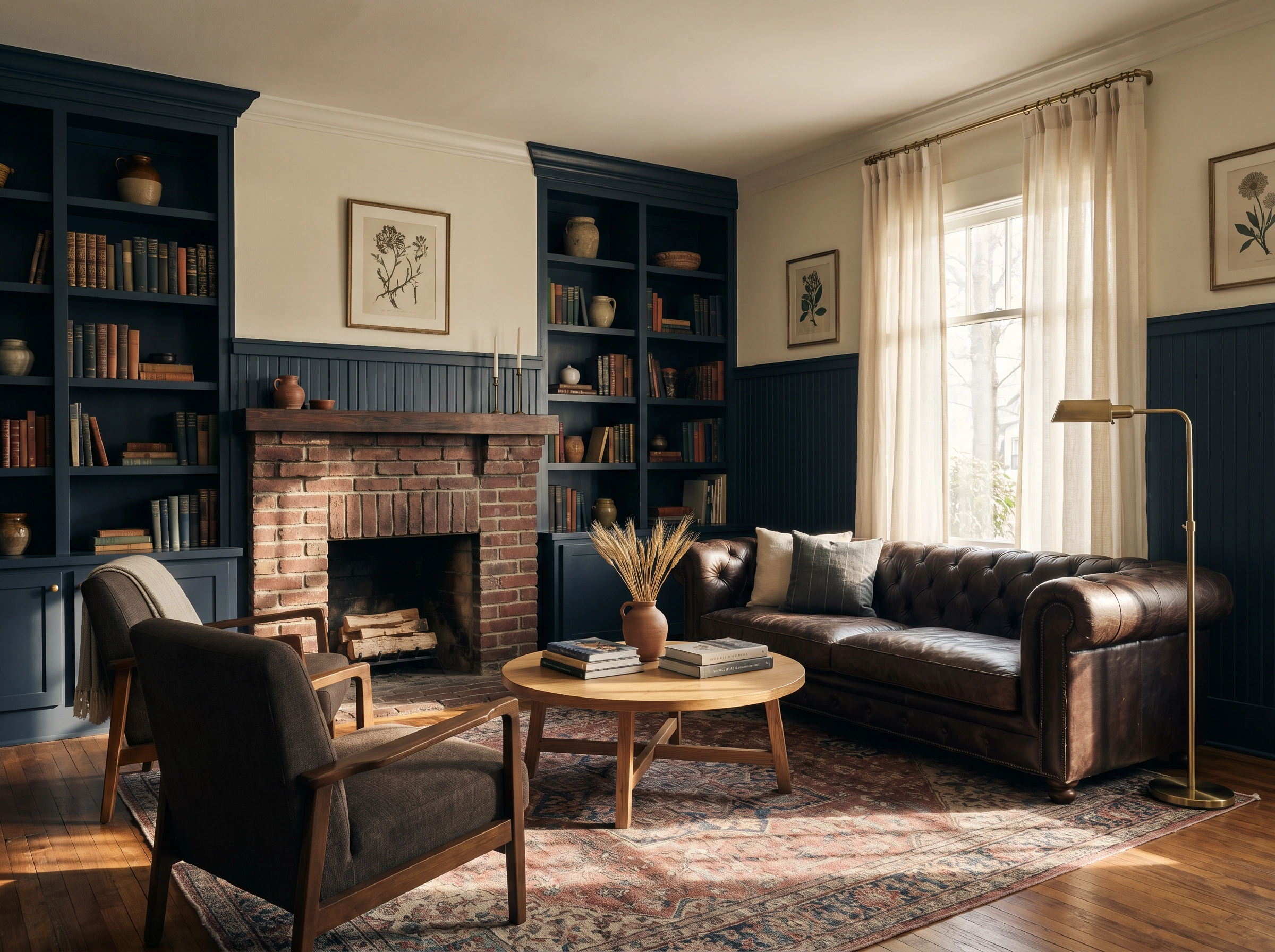 Navy-painted library built-ins with a brick fireplace and vintage wool rug, Little Rock Arkansas interior painting by Beams & Dreams Painting